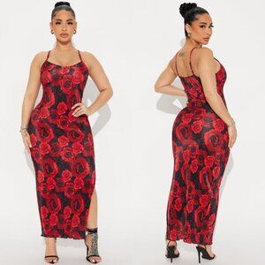 Fashion Nova Red Rose Pleated Ribbed Sleeveless Floral Bodycon Maxi Dress Large